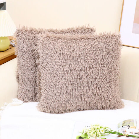 Lussuosa federa per cuscino in morbida pelliccia sintetica e lana, federa decorativa, senza inserto per cuscino, 45 x 45 cm, marrone chiaro, set da 2 (1/4)