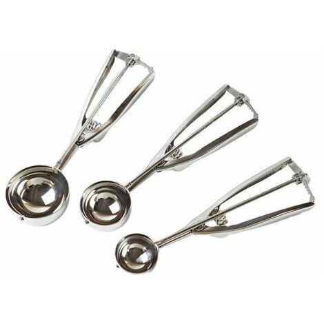 Eisportionierer di acciaio inossidabile – 3 Eisportionierer per gelato, pasta e melone – Eisportionierer con meccanismo di rilascio – 3 diverse dimensioni: grande (6 cm), media (5 cm), piccola (4 cm) (1/5)