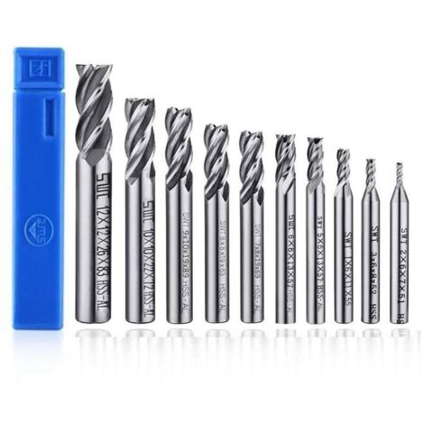 Set di 10 punte da trapano a quattro taglienti - Frese da 2 a 12 mm - Punte da trapano HSS a gambo dritto per CNC - Set di utensili per forare legno, alluminio, acciaio e titanio (1/4)
