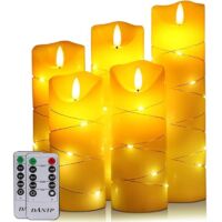 Candela LED con luci a stringa integrate, set di 5 candele LED, telecomando a 10 tasti, timer 24 ore, fiamma danzante, vera cera, funzionamento a batteria