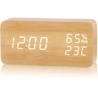 LED Sveglia in Legno, Orologio Digitale con 3 Tempi Sveglia, Sveglia Digitale USB con Indicazione di Ora, Temperatura e Umidità, Display 12/24 Ore