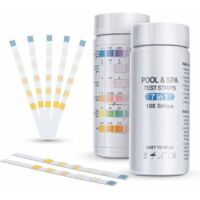 Confezione da 100 strisce reattive 7 in 1 per piscine, spa e vasche idromassaggio. Analizza la qualità dell'acqua: durezza totale, bromo, cloro libero, pH, acido cianurico e alcalinità.