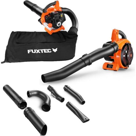 Aspirateur à feuilles thermique FUXTEC 4 en 1 FX-LBS126, souffleur et broyeur de feuilles 2 temps, avec 2 tubes de soufflage et un sac de ramassage de 45 l – Testé et approuvé – Vitesse de soufflage :