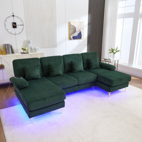 Canapé Moderne en U avec Éclairage LED Ambient & Port USB-C, Structure Bois Massif, 4 Coussins Luxueux & Dossier Ergonomique (1/5)
