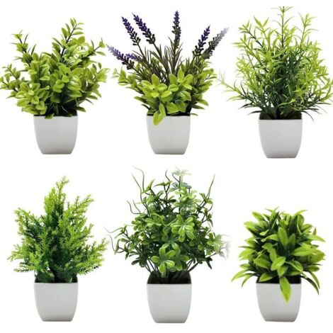 Lot de 6 Plantes Artificielles en Pot – Plantes Vertes en Plastique Quatre Saisons pour Décoration Intérieure, Terrasse et Table avec Récipient