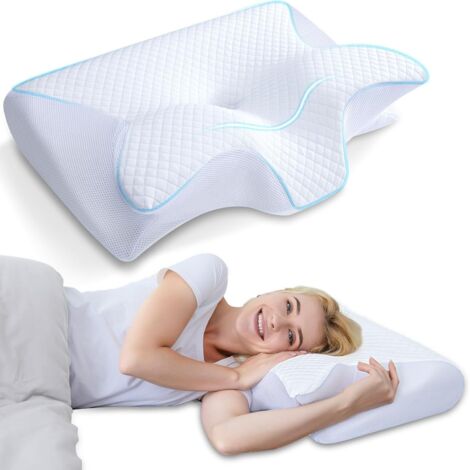 Oreiller Ergonomique Cervical, 2 en 1 Oreiller à Mémoire de Forme pour la Nuque, Coussin pour Dormir sur Le Côté et sur Le Dos, 62x37x12cm, Blanc