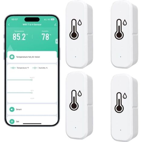Lot de 4 thermomètres et hygromètres sans fil – Capteurs Wi-Fi de température et d’humidité avec notifications via application et surveillance à distance (1/5)
