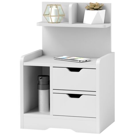 Table de Chevet Blanche 40x30x60 cm avec 2 Tiroirs et Étagère Ouverte - Commode de Rangement Compacte pour Chambre (1/5)