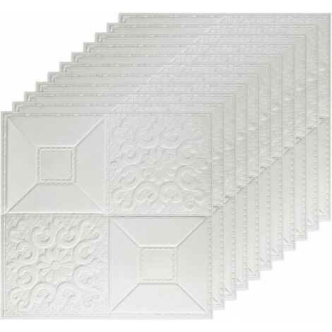 Lot de 20 Carreaux Muraux et de Plafond 3D en Mousse - Panneaux Autocollants à Décoller (35x35 cm), Couvre 2.4-4.8 m², Blanc Imperméable pour Salon
