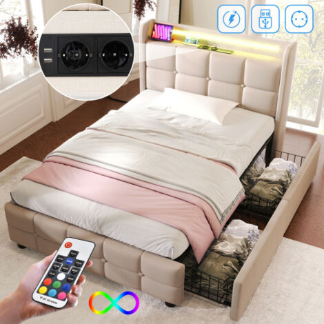 Lit rembourré 90×200 cm avec tête de lit LED et ports USB, 2 tiroirs de rangement, sommier à lattes en bois, beige, sans matelas (1/5)