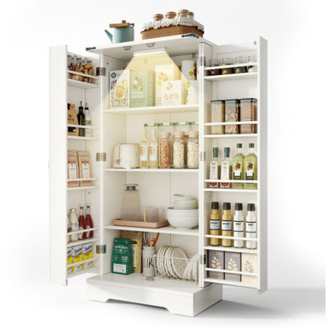 Buffet de cuisine 128,5 cm style farmhouse – Armoire de rangement avec éclairage LED, 2 portes battantes et étagères réglables, finition blanche texturée, idéal pour petits espaces (1/5)