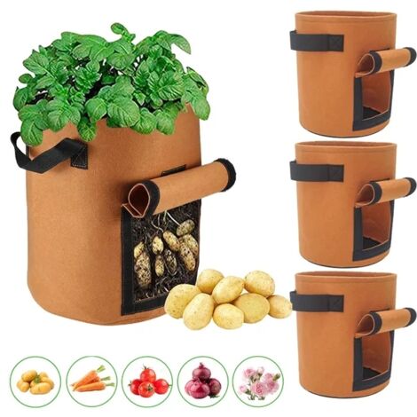 Lot de 4 sacs de plantation 10 gallons, sac de jardinage en tissu non tissé respirant, Résistants au gel et UV – fenêtre de récolte, pour pommes de terre, plantes et légumes, camel