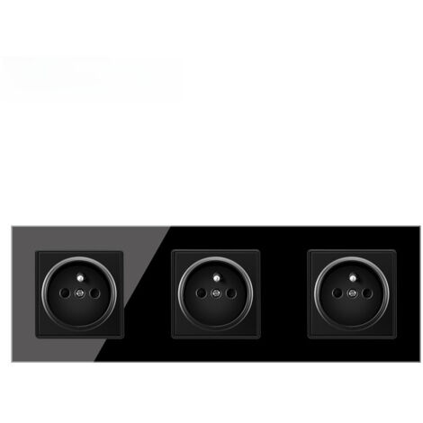 Prise Murale Triple 16A Standard Français, Prise Électrique 3 Prises de Courant avec Panneau en Verre Cristal, Prise Murale Design Moderne Noir