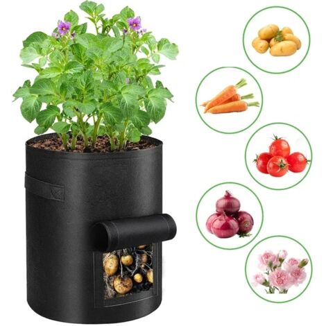 Lot de 1 sacs de plantation 10 gallons, sac de jardinage en tissu non tissé respirant, Résistants au gel et UV – fenêtre de récolte, pour pommes de terre, plantes et légumes, noir (1/5)