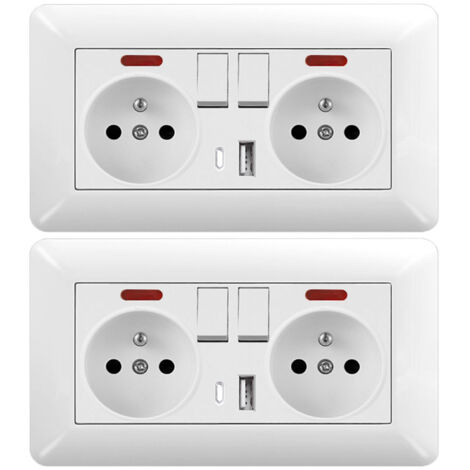 Lot de 2 Prise Électrique Murale Double 16A – Double Interrupteur avec LED, 1 USB + 1 Type C, Prise Encastrable 240V pour Maison et Bureau