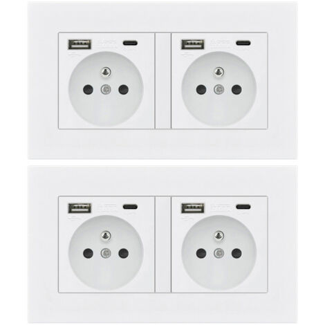 Lot de 2 Prise Électrique avec USB et Type C – Prise Murale 16A 240V Norme Française Blanc 146mm