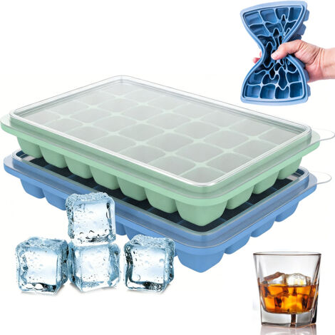 Lot de 2 Bacs à Glaçons Silicone avec Couvercle – 56 Glaçons Carrés, Sans BPA, Vert & Bleu (1/5)