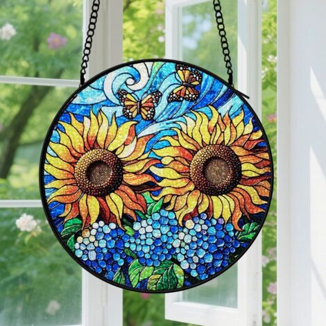 9cm Suspension en vitrail - Attrape-soleil coloré artistique minimaliste unique, décoration maison jardin, cadeau Fête des Mères, Anniversaire pour femme (1/5)