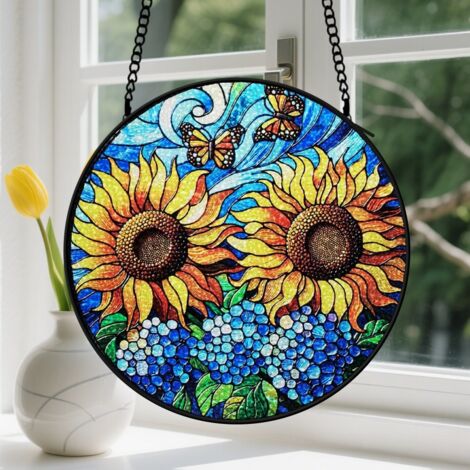 15cm Suspension en vitrail - Attrape-soleil coloré artistique minimaliste unique, décoration maison jardin, cadeau Fête des Mères, Anniversaire pour femme (1/5)