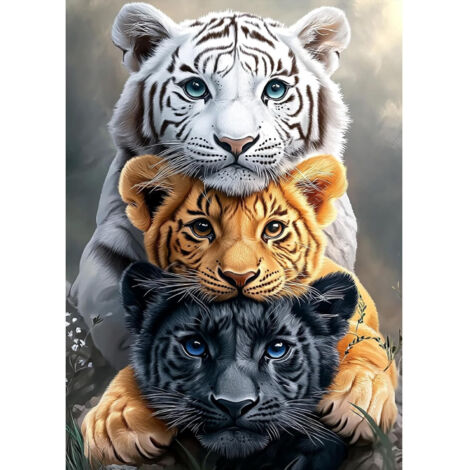 Kit de peinture diamant 5D DIY Trois Tigres, thème animalier, pour adultes et débutants, broderie strass, décoration maison et cadeau - 25x35cm (1/5)