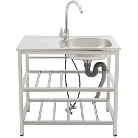 Évier de Cuisine Inox sur Pied Avec Robinet Et Table de Travail – Évier Avec Étagère de Rangement Et Pieds Réglables Eau Chaude Et Froide (1/5)