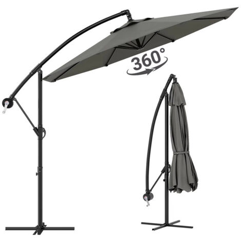 Parasol de jardin déporté 300 cm – Rotation 360° – Parasol inclinable avec manivelle – Tissu imperméable – Support inclus,Gris (1/5)
