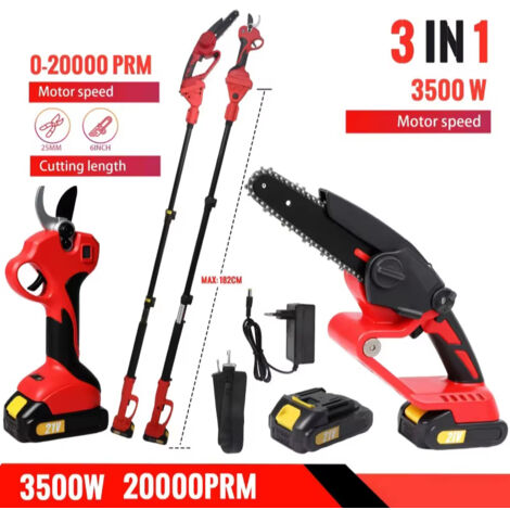 Tronçonneuse Électrique 3 en 1 6 Pouces Sans Fil avec Perche Télescopique – Scie à Branches Hautes pour Élagage de Jardin, Compatible Batterie Makita 18V, avec 2 Batteries