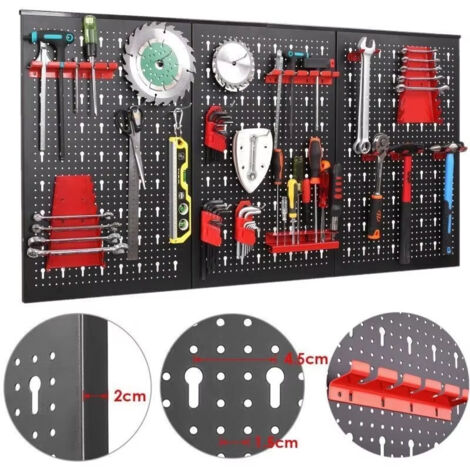 Panneau perforé métal noir et rouge – 117x55 cm – Kit 17 pièces avec crochets et bacs – Rangement garage (1/5)