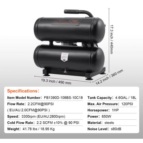 Gonfleur portable 18 L – Technologie sans lubrification – Silencieux – Atelier et dépannage (1/5)