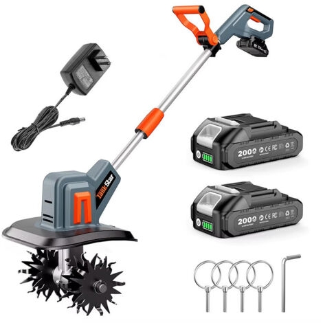 Motobineuse sans fil pour jardinage et agriculture, outil électrique de travail du sol, vitesse 360 tr/min, batterie double 2,0Ah, lame en acier haute résistance 48 dents pour labour et préparation de (1/5)