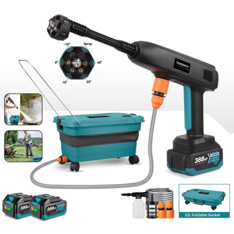 6 IN 1 pistolet de pulvérisation d'eau électrique haute pression pour lavage voiture et jardin, seau pliable 22L, compatible batterie Makita (1/5)