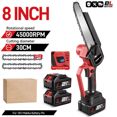 Tronçonneuse Électrique Sans Fil 8 Pouces Sans Balais avec Huileur Automatique Scie de Jardin Portable pour Bois Compatible Batterie Makita 18V avec 2 Batteries (1/5)