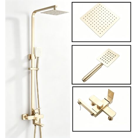 Pommeau de douche pluie et douchette à main en acier inoxydable, robinet de douche or brossé avec bec de baignoire rotatif, montage mural 8 po