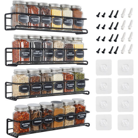 AUTRUCKER Étagère à épices murale à 4 niveaux en acier inoxydable avec autocollant et vis-Étagère de cuisine et de garde-manger pour épices et condiments