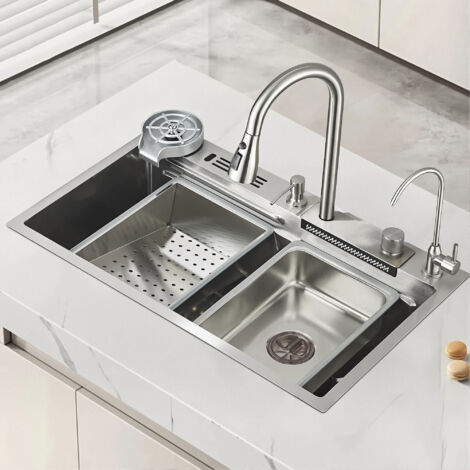 Évier simple grand format en acier inoxydable 304, style cascade, 75x45 cm, avec robinet d'eau chaude et froide amovible, pour cuisine