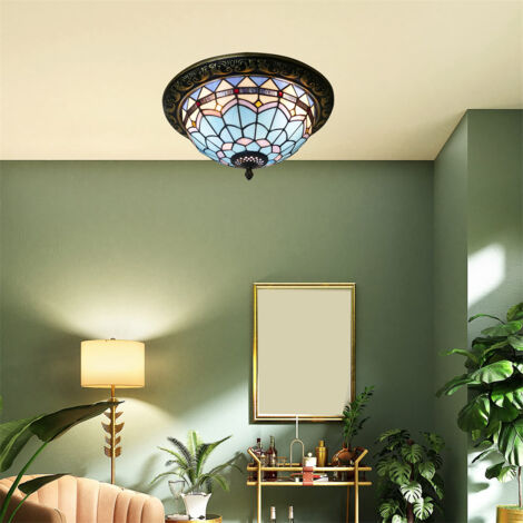 Plafonnier encastré style Tiffany AUTRUCKER, plafonnier bleu rétro, lampe de plafond ronde en vitrail (50 cm, 3 lumières)