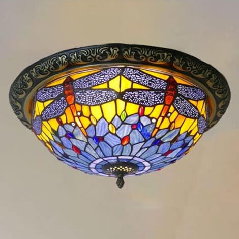 Plafonnier style Tiffany AUTRUCKER pour chambre à coucher - Luminaire encastré en vitrail, lumière chaude pour une chambre confortable, culot E27 - 40 cm