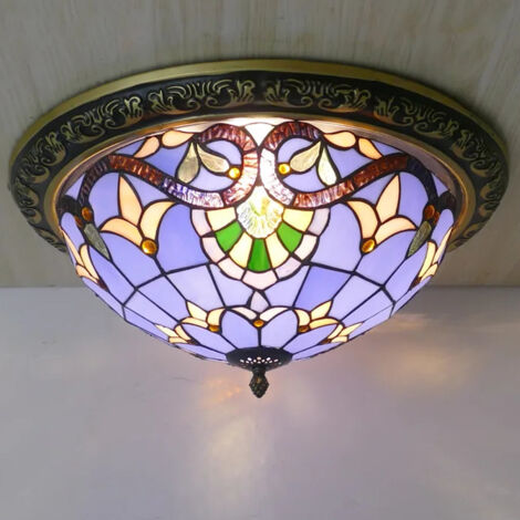 Plafonnier style Tiffany rétro AUTRUCKER - Abat-jour en verre artisanal à motif floral, plafonnier encastré pour chambre de style campagnard - 40 cm (1/5)