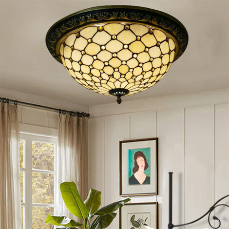 AUTRUCKER Plafonnier Tiffany vintage AUTRUCKER-Abat-jour en vitrail coloré, structure en cuivre, douilleE27,élégance intemporelle pour la décoration intérieure-30cm