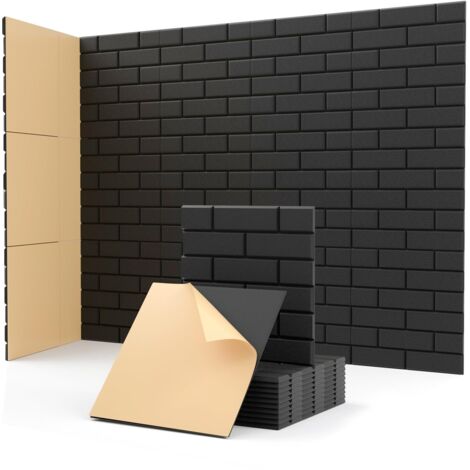 Lot de 12 panneaux insonorisants haute densité, panneaux d'isolation acoustique auto-adhésifs à motif brique, 30x30x1 cm, noirs