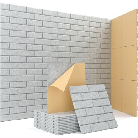 AUTRUCKER 12 panneaux d'isolation acoustique auto-adhésifs en forme de brique, panneaux absorbants acoustiques à dos adhésif haute densité, 30x30 cm, gris argenté