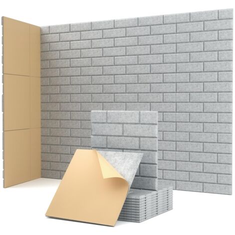 Lot de 12 panneaux d'isolation acoustique en mousse de fibres de polyester, auto-adhésifs, à motif brique, adaptés à une utilisation au bureau, 30 x 30 x 1 cm, gris