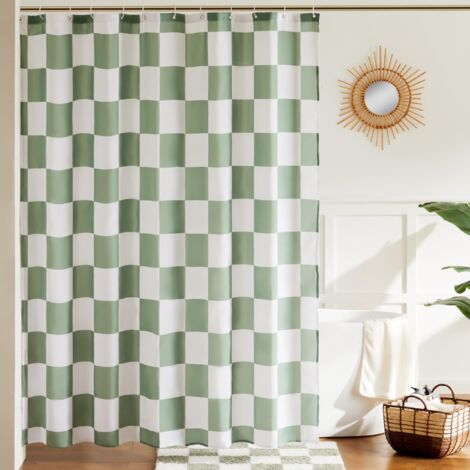 AUTRUCKER Rideau de douche à carreaux pour salle de bain, rideau de douche à motif damier rétro, rideau de douche lavable en machine, 180180cm, vert
