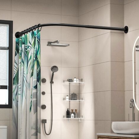 Tringle à rideau de douche d'angle, réglable en acier inoxydable, en forme de L, adaptée aux baignoires, perçage requis (noir, 108-138 cm)