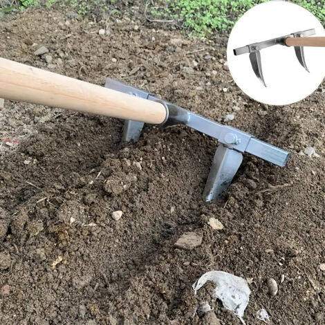 Râteau de jardin en acier carbone 2 dents robuste, espacement réglable, Râteau en acier épaissi monobloc,adapté à la désherbage, au labourage