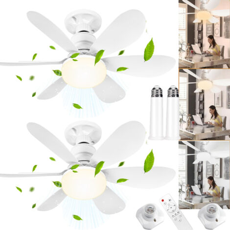 Ventilateur de plafond LED 2 pièces avec tige d'extension et base E27, 3000-6500K, 6 pales, 3 vitesses, minuterie, 100-240V, 5218.5cm,blanc