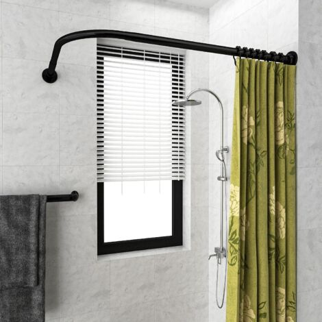 Tringle à rideau de douche d'angle, réglable en acier inoxydable, en forme de L, adaptée aux baignoires, perçage requis (noir, 150-180 cm)