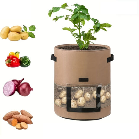 Sacs de plantation de pommes de terre de 10 gallons avec fenêtres transparentes et poignées, sacs de plantation de jardin en tissu (brun, 43 L) (1/5)