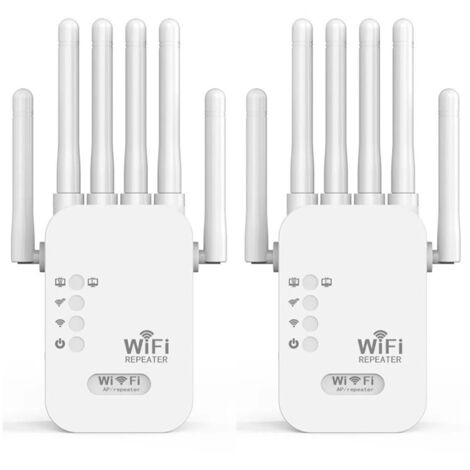 AUTRUCKER Lot de 2 répéteurs Wi-Fi puissants, amplificateur de signal Wi-Fi sans fil, 1 200 m, régulé en Europe, blanc (6 antennes)