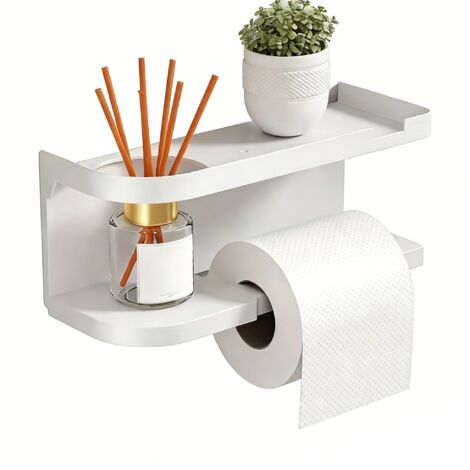 Porte-papier toilette avec étagère, organisateur de salle de bain, sans perçage, pour salle de bain, toilettes, cuisine (blanc)